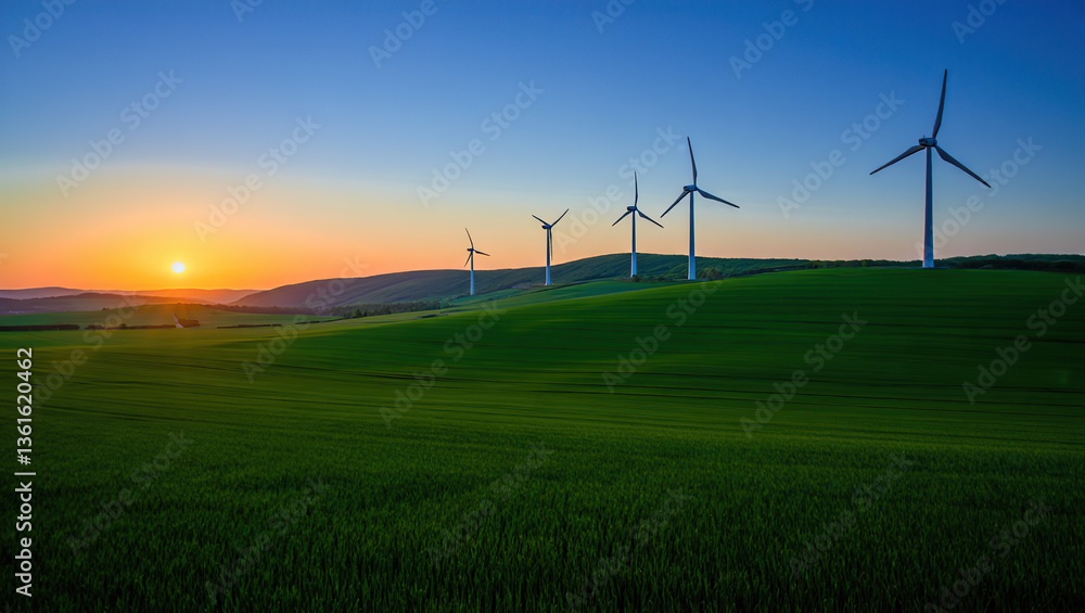 Fototapeta premium A peaceful countryside with rolling hills, lush fields, and spinning wind turbines. The sunset casts a golden glow, highlighting nature's harmony with renewable energy.