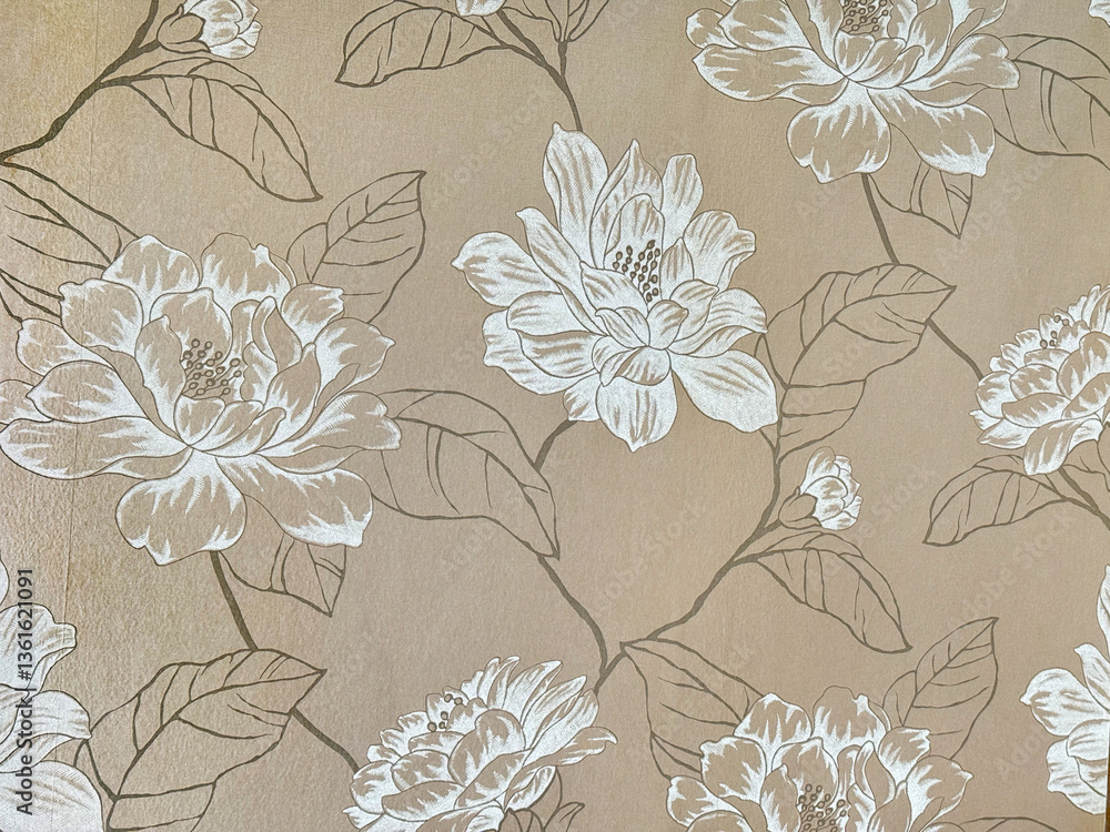 Close up of white peony flower illustration with leaves and branches, with brass gold background. Golden floral wallpaper seamless background texture. Close up of white peony flower illustration with leaves and branches, with brass gold background. Golden floral wallpaper seamless background texture.