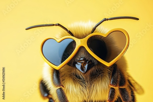 Playful bee wearing heart-shaped sunglasses outdoor setting close-up photography vibrant yellow background