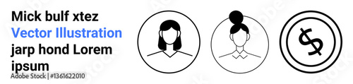 Two simplistic female line art portraits with distinct hairstyles, alongside a circular dollar sign icon. Ideal for finance, business, identity, diversity, branding, minimalism themes, abstract line