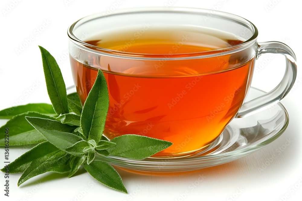 Glass Teacup with Fresh Leaves Glass Teacup with Fresh Leaves
