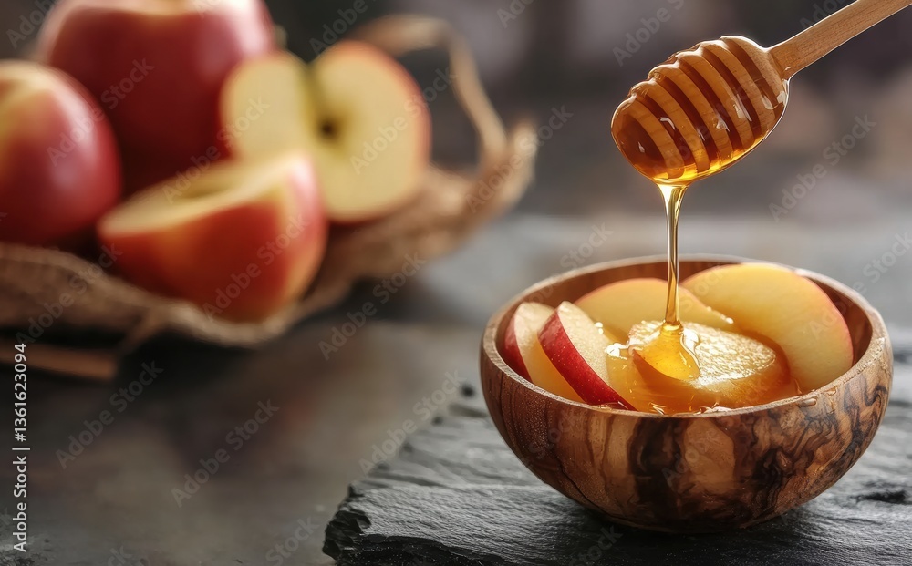 Drizzling honey over fresh apple slices kitchen table food photography cozy atmosphere close-up healthy snack ideas Drizzling honey over fresh apple slices kitchen table food photography cozy atmosphere close-up healthy snack ideas