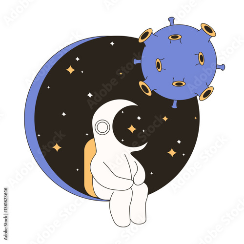Modern Cosmic doodle vector illustration. Astronaut sits in window. Space Day theme for copybook greeting card cover template design. Perfect Space t-shirt print. EPS 10