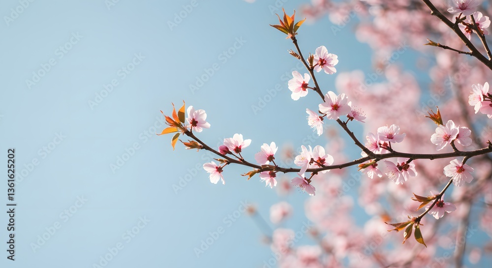 Cherry Blossom Branch Blooming Against a Light Blue Sky Background Cherry Blossom Branch Blooming Against a Light Blue Sky Background