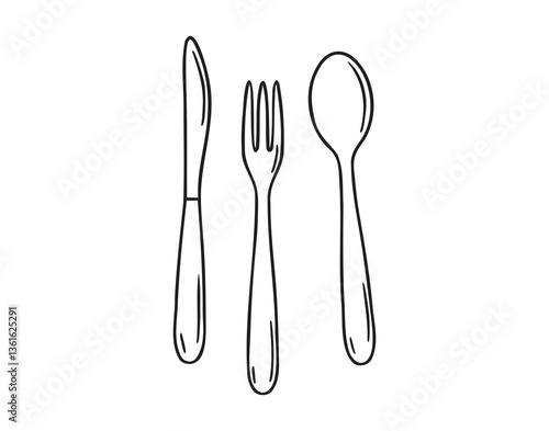 spoon, fork and knife icon doodle hand drawn. Outline drawing spoon, fork and knife line clipart symbol
