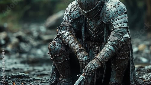 A weary knight in tarnished armor kneels in a muddy forest clearing, reflecting
