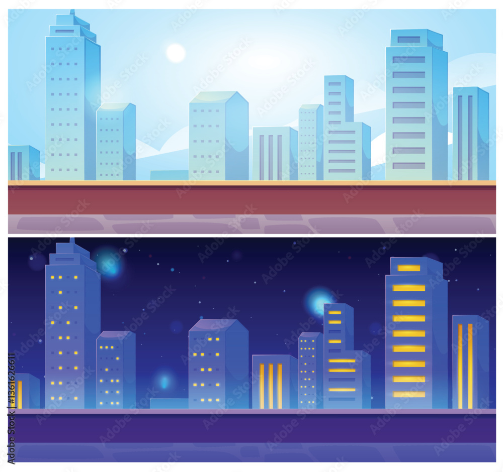 Fototapeta premium Vector illustration of a set with the image of a day and night cityscape from the roof.