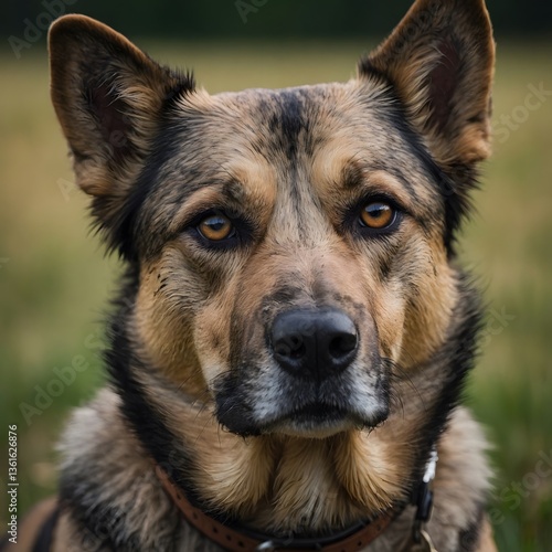 Close-Up of Sarabi Dog’s Strong Face with Intense Eyes and Thick Coat in Grassy Field