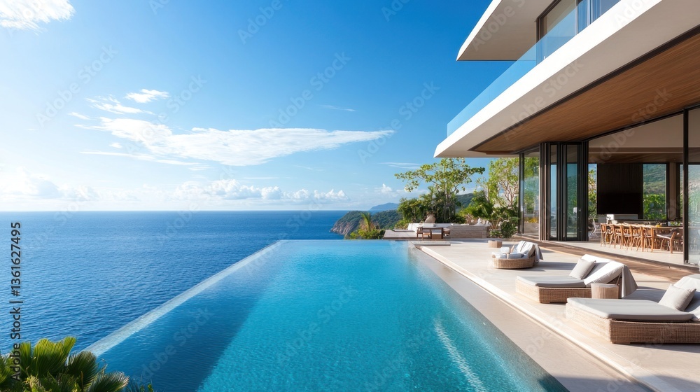Fototapeta premium Contemporary Luxury Villa with Infinity Pool Overlooking the Tranquil Ocean