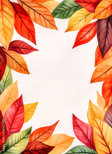 Vibrant autumn leaves frame bordering white background
