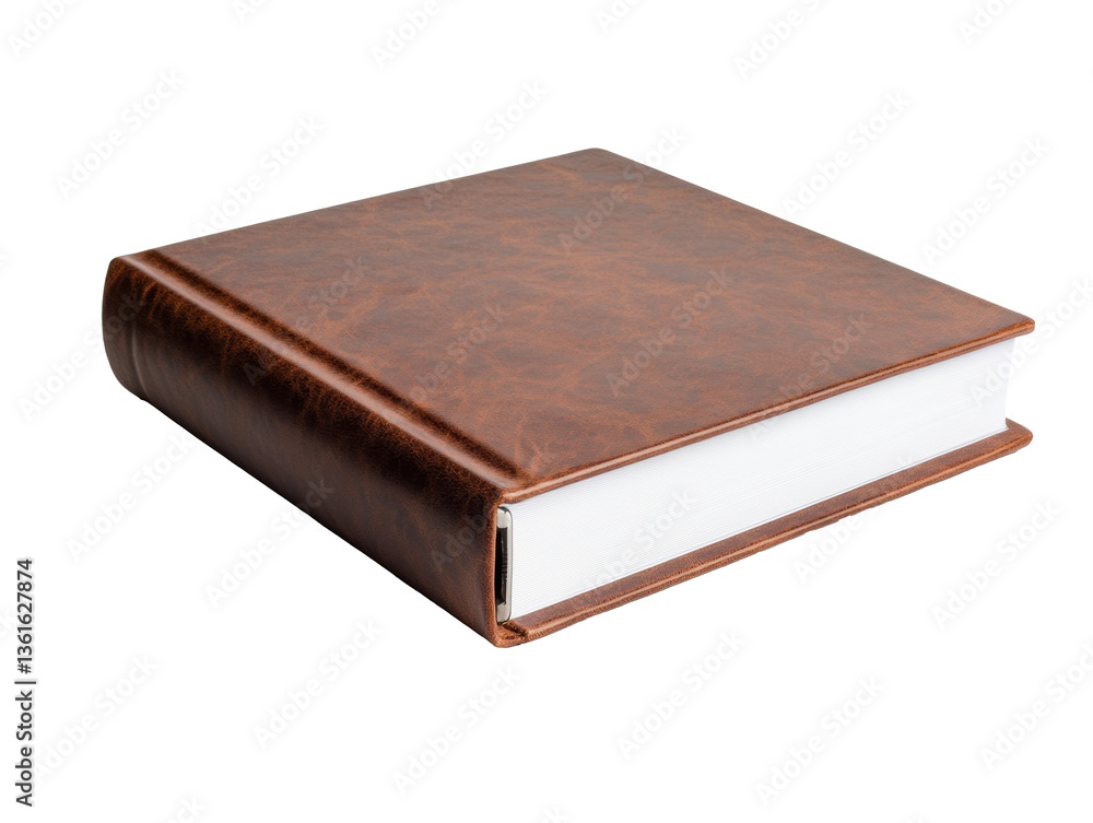 Brown leather-bound book resting on a white surface on a transparent background, cut out Brown leather-bound book resting on a white surface on a transparent background, cut out