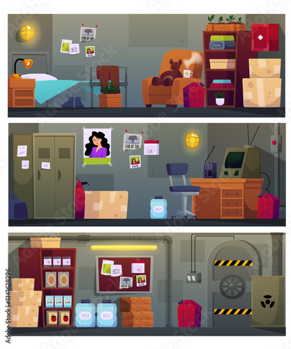Underground bunker interior vector set, cartoon basement shelter room with hopper door, stocks storage, bedroom, station