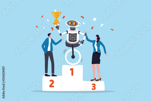 Robot Artificial intelligence winning, working together with AI, innovation to help success, AI to replace people in office work, AI robot winning holding champion trophy with human competition.