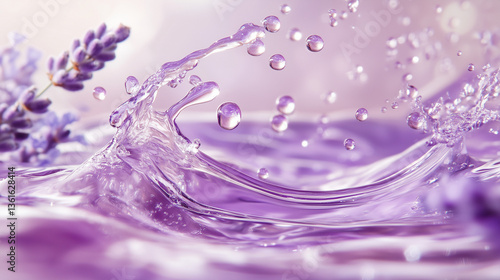 Wallpaper Mural Clear splash liquid water wave surface with droplets and soothing lavender flower petal. Torontodigital.ca