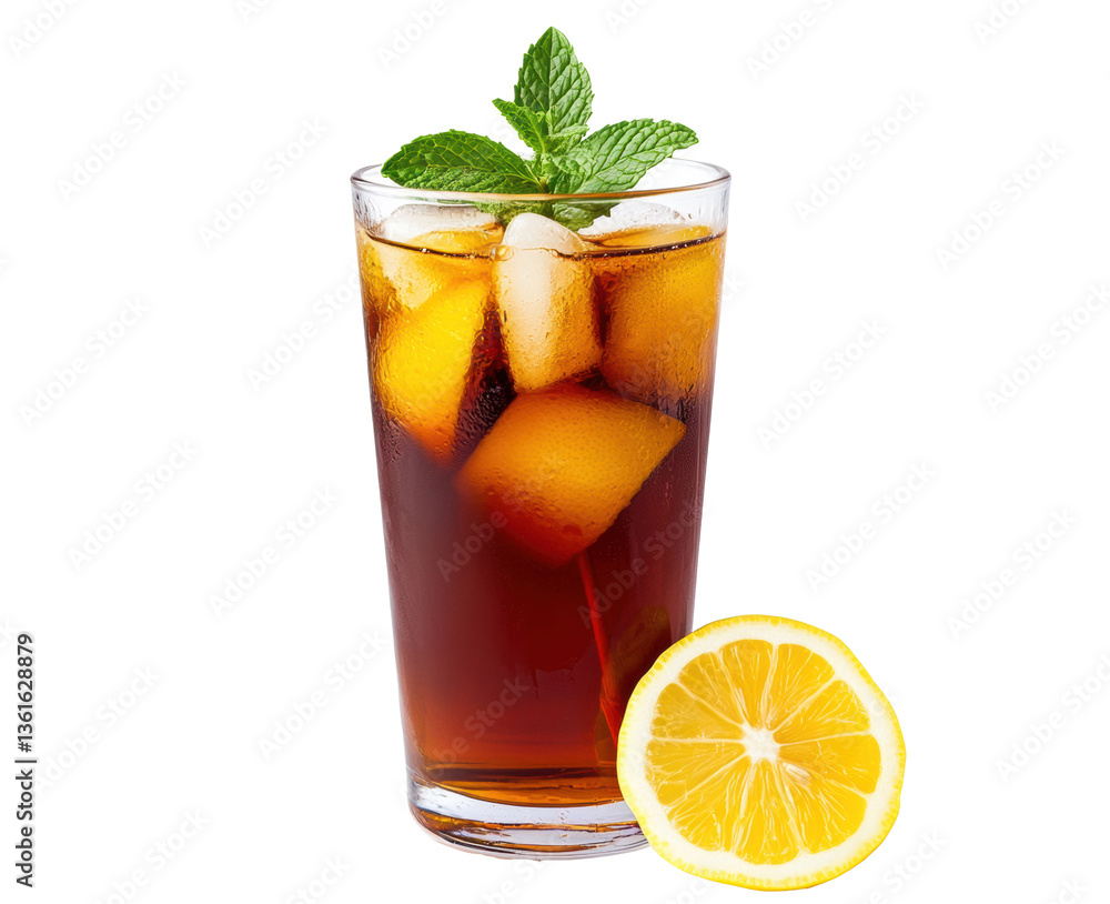 Refreshing iced tea garnished with mint and lemon slices on a transparent background, cut out Refreshing iced tea garnished with mint and lemon slices on a transparent background, cut out