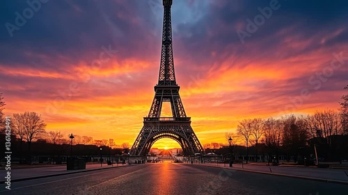 Eiffel Tower at Sunset with Vibrant Sky and Empty Streets in Paris