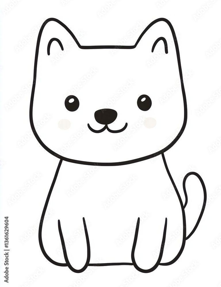 Fototapeta premium Simple Cute Cat Illustration: A simple and sweet outline drawing of a sitting cat with big eyes and a big smile. Perfect for children's books, coloring pages.