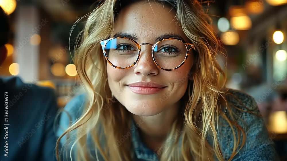 Young woman with glasses smiling at the camera in a cozy cafe with blurred lights Young woman with glasses smiling at the camera in a cozy cafe with blurred lights