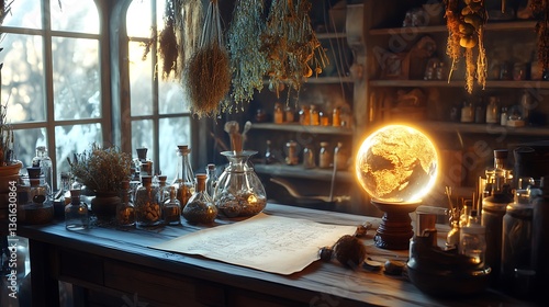 A medieval alchemy shop with hanging dried herbs, a glowing crystal ball, and a parchment map on a wooden counter, offering a mystical, historical scene perfect for fantasy and culture enthusiasts.