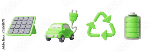 Green Energy 3D cartoon plastic style vector icon set, solar panel on stand, full battery, electric car and recycle sign
