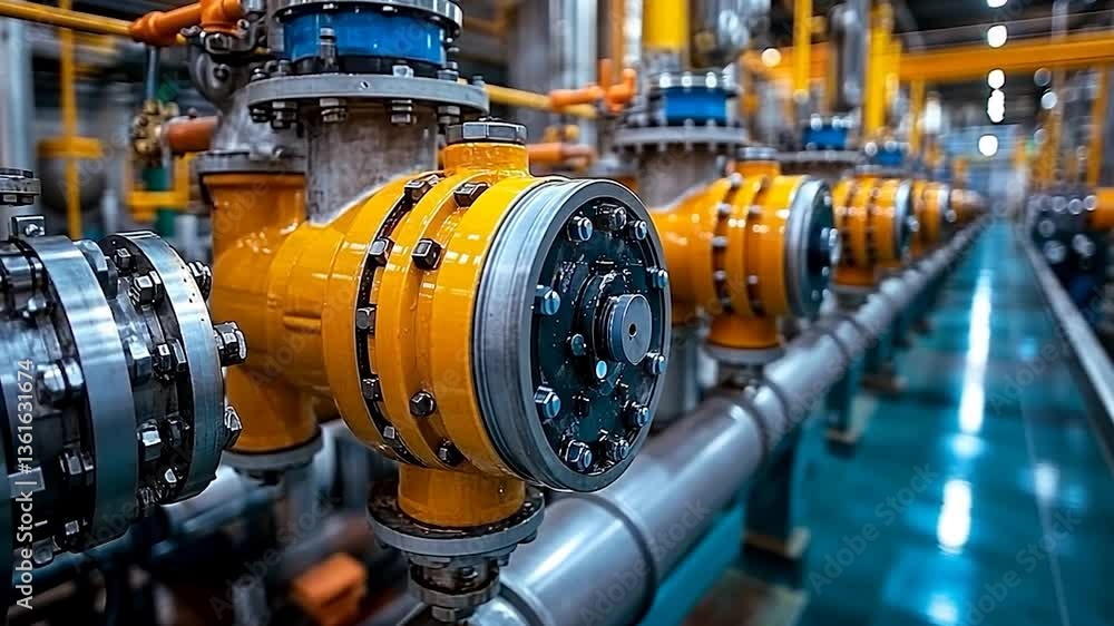 Industrial pipeline with orange valves and machinery in a factory setting Industrial pipeline with orange valves and machinery in a factory setting