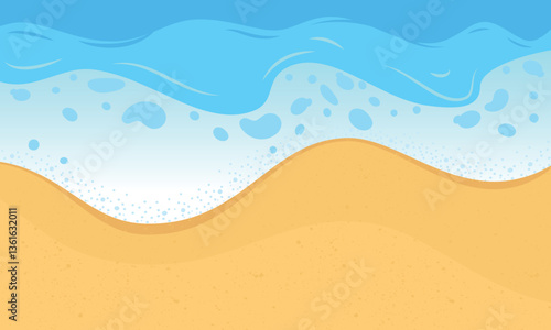 Sandy beach and sea waves top view. Summer beach flat design. Coastline on the sea beach.