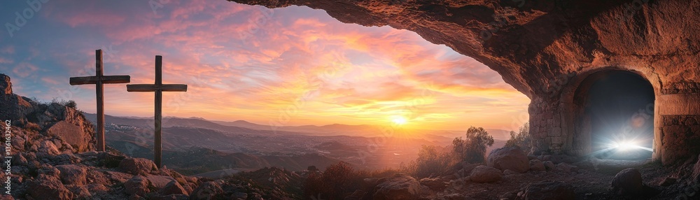 Fototapeta premium Majestic Sunset over Scenic Landscape with Two Wooden Crosses near Ancient Tomb Entrance