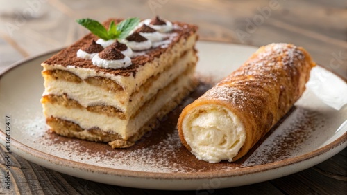 Wallpaper Mural Delicious layered dessert with cream and a rolled treat on a rustic wooden table. Torontodigital.ca