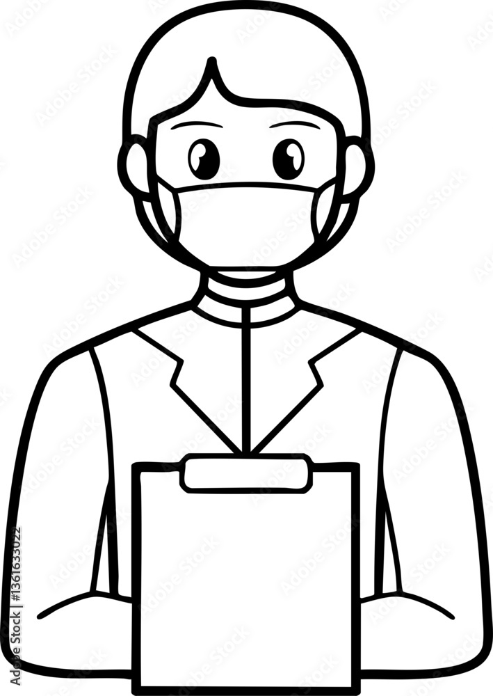 A simple line drawing of a person wearing a mask and holding a clipboard, likely representing a healthcare or professional setting. A simple line drawing of a person wearing a mask and holding a clipboard, likely representing a healthcare or professional setting.