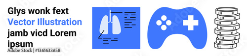 Lungs diagram, game controller, and coin stacks symbolize health, play, economy, and technology. Ideal for education, gaming, healthcare finance technology marketing infographics simple landing