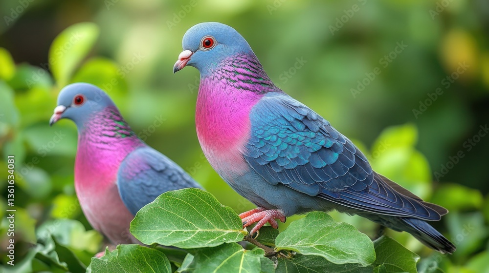 Vibrant Pink Necked Green Pigeon Pair Perched on Lush Green Leaves Vibrant Pink Necked Green Pigeon Pair Perched on Lush Green Leaves