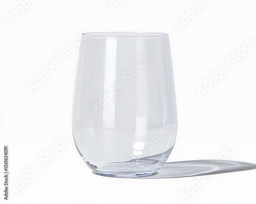 Clear plastic stemless wine glass on white background.