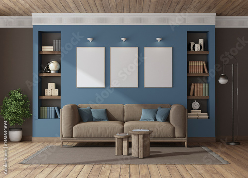Modern living room interior with blue wall and wooden ceiling showing three blank canvases