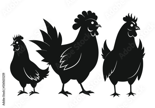 Set of Silhouetted Rooster Heads