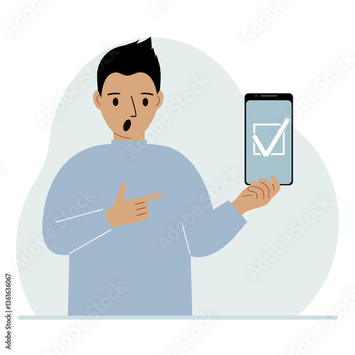 A man is holding a phone with a check mark on the screen. The concept of choice, voting or defence. Vector flat illustration