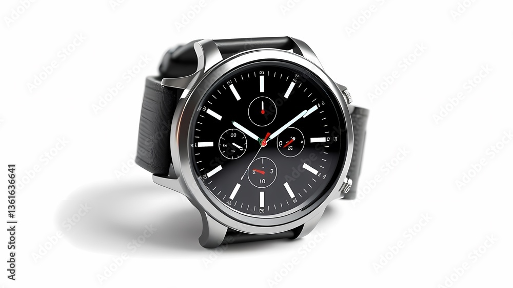 Wristwatch on White Background with Black Leather Strap and Silver Case Wristwatch on White Background with Black Leather Strap and Silver Case