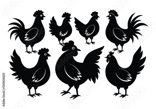 Set of Silhouetted Rooster Heads
