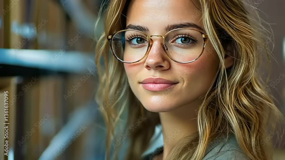 Young woman with glasses smiling in a library surrounded by books and shelves Young woman with glasses smiling in a library surrounded by books and shelves