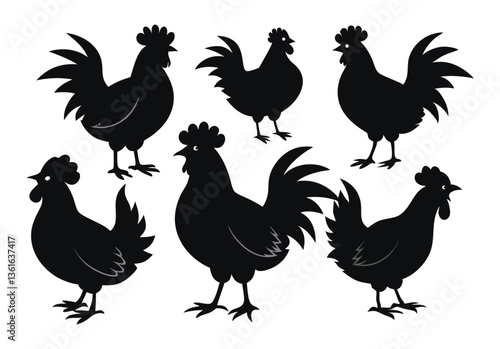 Set of Silhouetted Rooster Heads