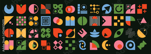 Set of abstract colored geometric shapes vector. Collection of contemporary figure, flower, circle, sparkle, pixel, halftone, line. Design element perfect for banner, prints, stickers, decor.