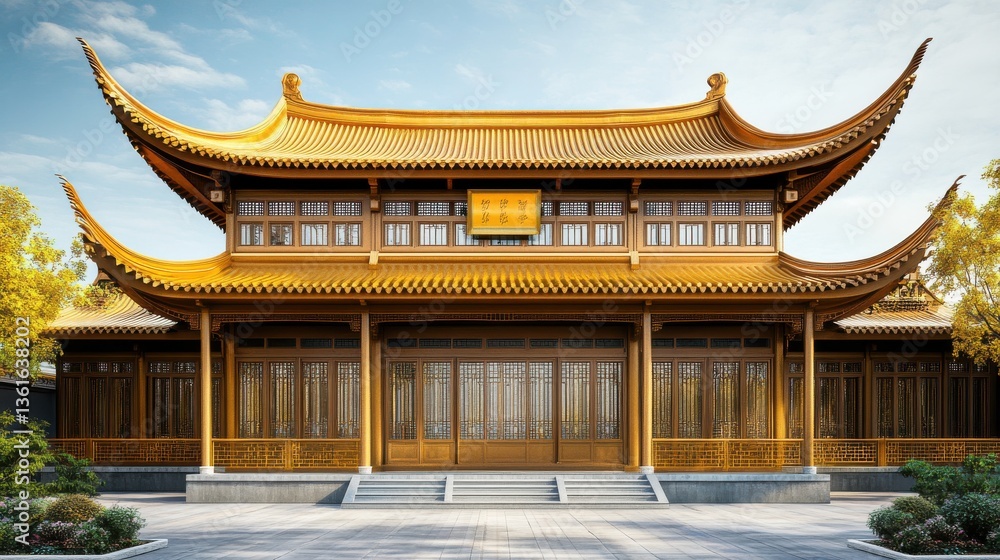 Obraz premium Golden traditional building with ornate architecture surrounded by greenery