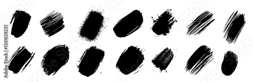 bold collection of grunge brush strokes and splashes in black and white. Includes paint textures, smears, ink stains, distressed patterns, and rough borders for edgy, artistic designs