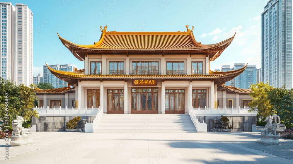 Fototapeta premium Stunning traditional architecture of a temple amidst modern city skyline