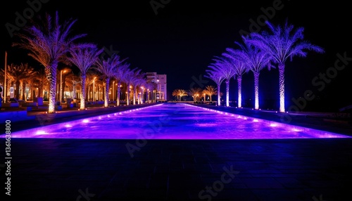 Illuminated Pool Pathway at Night
