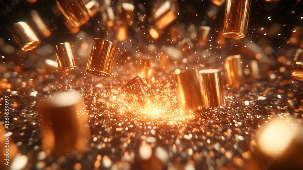 Golden casings explode in sparks. Golden casings explode in sparks.