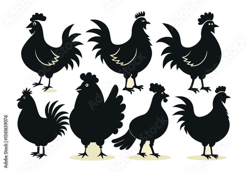 Set of Silhouetted Rooster Heads