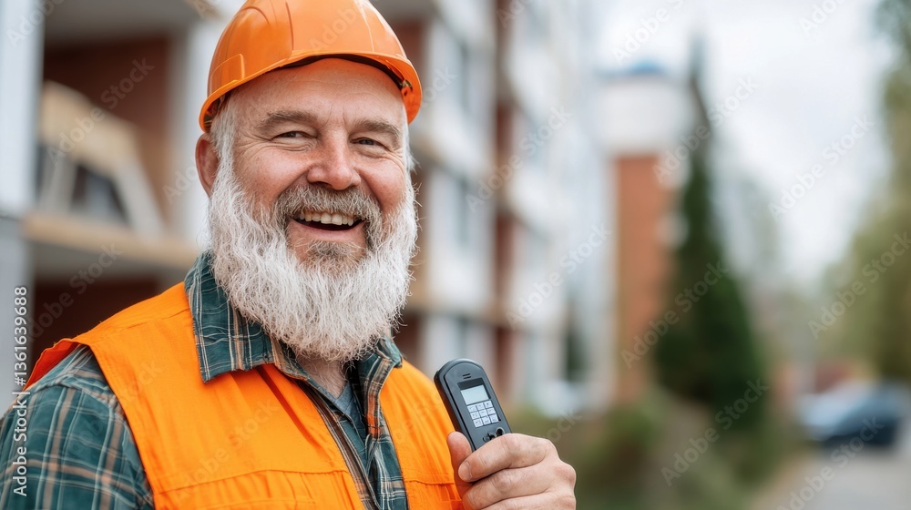 Construction worker smiling with measuring device urban area portrait daylight professionalism Construction worker smiling with measuring device urban area portrait daylight professionalism