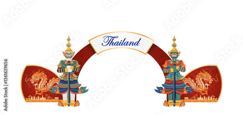 A Thai event arch gate featuring two guardian statues, a "Thailand" sign, and red panels with golden dragon motifs, reflecting traditional Thai culture and architectural design in vibrant colors.