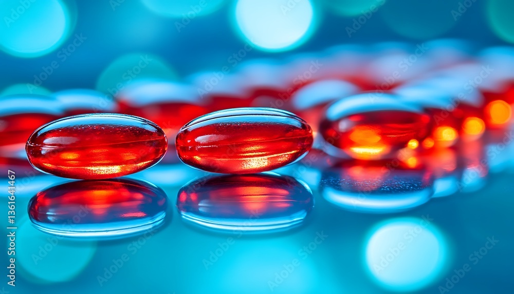 Several red capsules are arranged on a reflective surface Several red capsules are arranged on a reflective surface