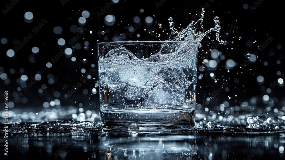 A glass of ice water with splashing droplets on a reflective surface evokes freshness and purity A glass of ice water with splashing droplets on a reflective surface evokes freshness and purity